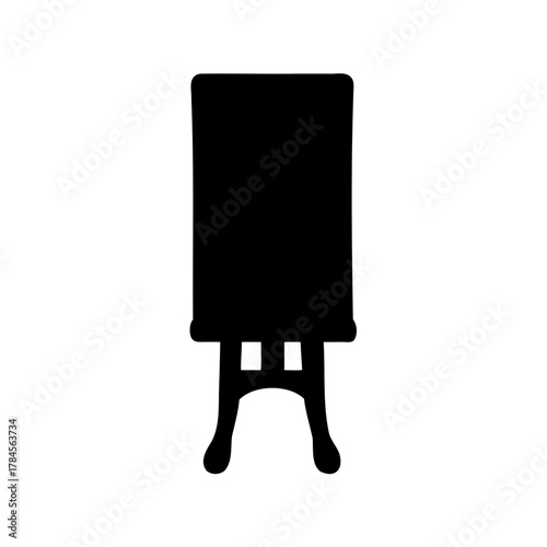 A simple silhouette of a traditional artist's easel, black isolated on white