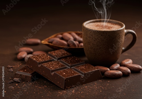 Rich dark chocolate bar rests beside a steaming mug of hot beverage surrounded by cocoa beans