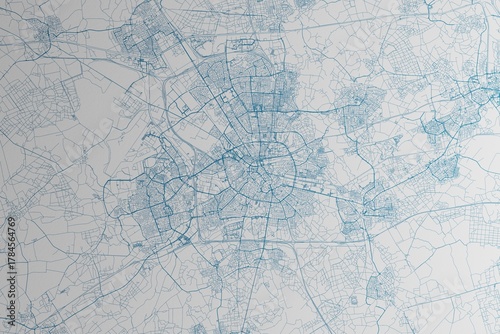 Map of the streets of Eindhoven (Netherlands) made with blue lines on white paper. 3d render, illustration