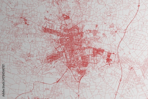 Map of the streets of Lodz (Poland) made with red lines on white paper. 3d render, illustration