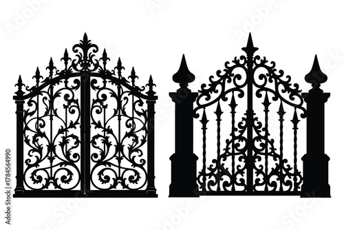 Black ornate wrought iron gates and fence sections