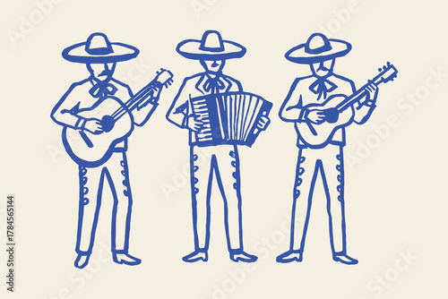 Mariachi band trio, naive doodle line art vector illustration
