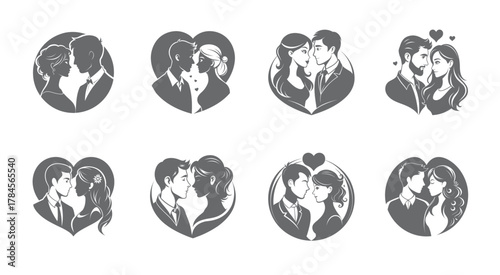 Collection of stylized couples embracing, silhouettes in hearts and circles, vector art