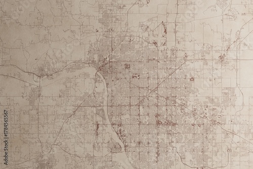 Map of Tulsa (Oklahoma, USA) on an old vintage sheet of paper. Retro style grunge paper with light coming from right. 3d render
