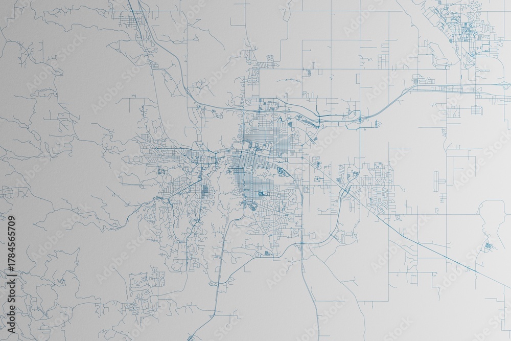 Obraz premium Map of the streets of Rapid City (South Dakota, USA) made with blue lines on white paper. 3d render, illustration