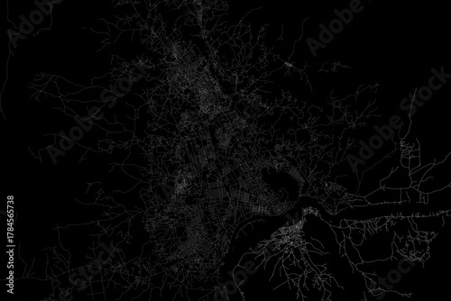 Stylized map of the streets of Bangui (Central African Republic) made with white lines on black background. Top view. 3d render, illustration