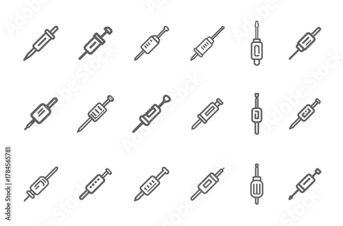 Collection of simple line art syringe and vaccination icons on white background