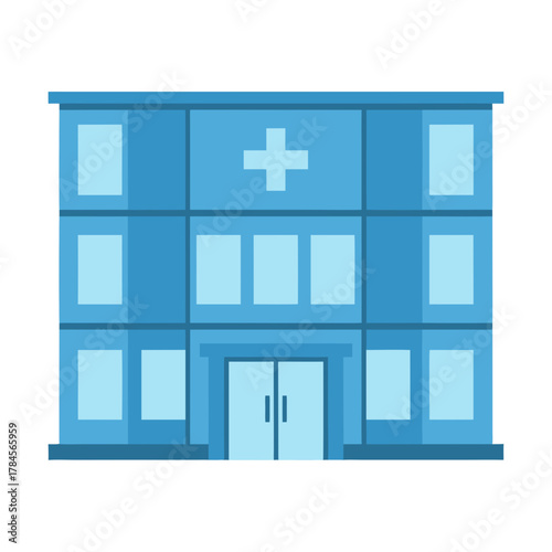 Modern Flat Design Hospital Building With Bold Outlines Symmetrical Layout Soft Blue Tones And A Central Cross Symbol On A Black Background