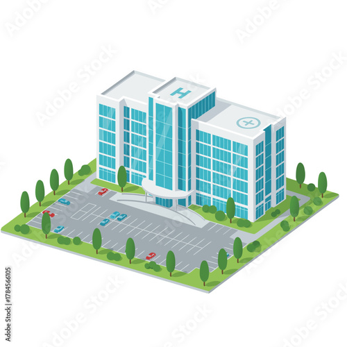 Modern Hospital Building With Glass Facade And Helipad On Roof Set In A Suburban Landscape With Parking Lot And Trees