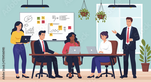 Professional business team collaborating in a modern office meeting, discussing strategy, analyzing data, and brainstorming ideas for project development and corporate growth