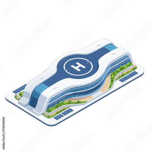 Modern Hospital Building With Helipad On Roof And Green Landscaping Simple Colors Flat Style Vector Design