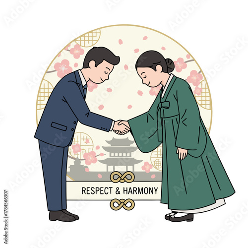 Man in Suit and Woman in Hanbok Exchange Handshake with Potted Plants and Traditional Korean Architecture in Background