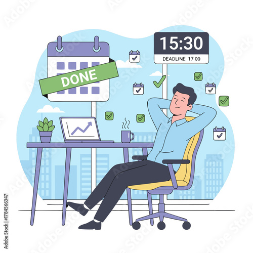 Man Relaxing in Office Chair at Desk With Laptop And Calendar Showing Done Task Celebration Of Successful Time Management With Confetti And Clock Icons And Cityscape Background With Blue Sky And
