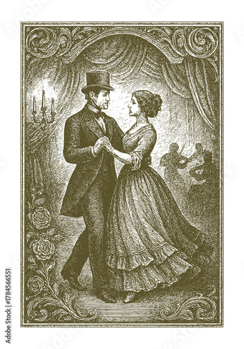 Engraved Illustration of a Romantic Ballroom Dance