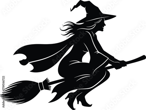 Halloween witch flying on broom silhouette vector graphic design art eps