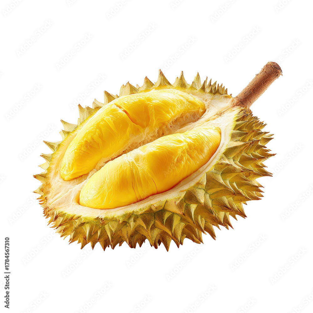 Fototapeta premium Ripe Durian Fruit Cut Open Exposing Bright Yellow Fleshy Arils Against A Transparent Background