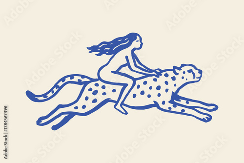 Woman riding leopard, naive doodle line art vector illustration