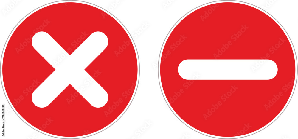 Fototapeta premium Two red circles with white symbols: a cross and a horizontal bar, representing negation or prohibition.