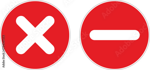 Two red circles with white symbols: a cross and a horizontal bar, representing negation or prohibition.
