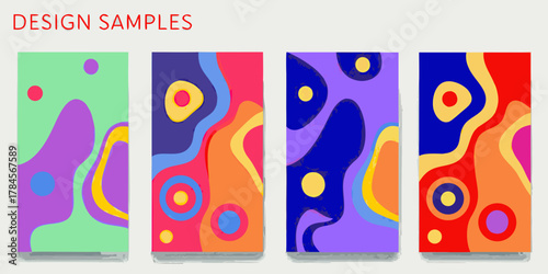 Collection of four vibrant abstract organic shapes and colorful fluid background designs