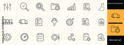 Operation Management line icons set with editable stroke, featuring process improvement, team building, production, decision making, resources, manufacturing,