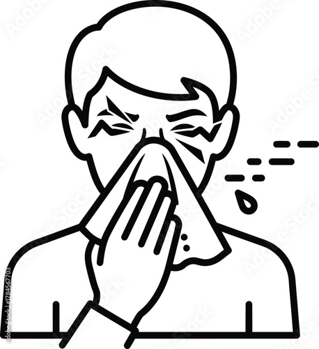 Man blowing nose with tissue paper vector illustration line art icon eps silhouette