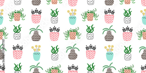Seamless floral pattern. Various flower pots with houseplants. Pink, blue, brown and yellow colors. For backgrounds, packaging, textiles, wallpapers or websites. Flat cartoon design.