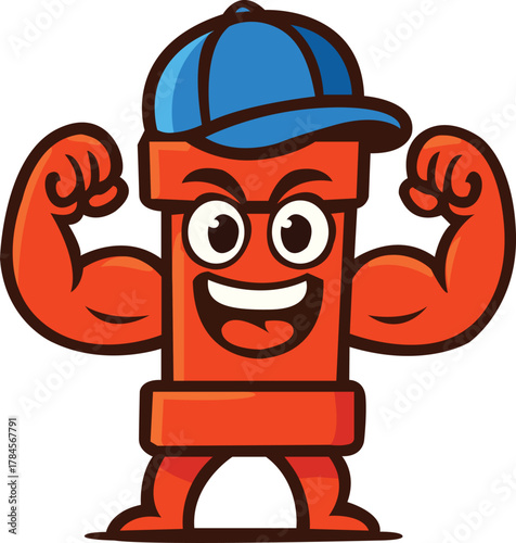 Cartoon illustration of a strong pipe character flexing muscles and wearing a blue cap. This fun and bold mascot design symbolizes strength, construction, and confidence.
