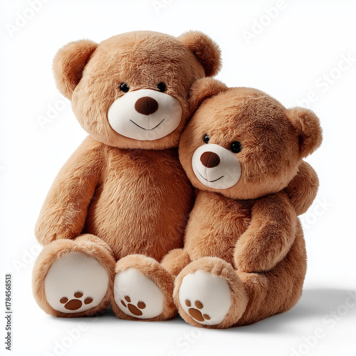 Two teddy bears are sitting and hugging each other