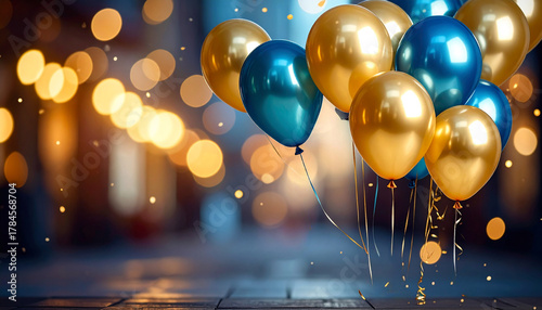 Gold and  blue balloons set against a glittering backdrop of golden bokeh lights are perfect for events, New Year's parties, corporate parties and special announcements.
