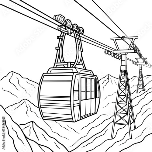 Cable Car Coloring Page – Printable Mountain Gondola Illustration for Kids