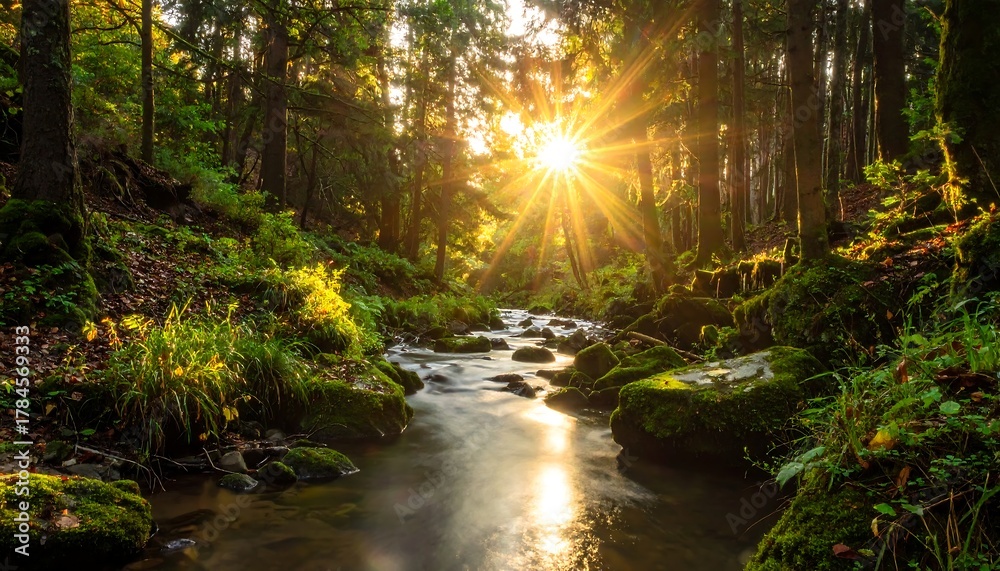 Obraz premium Sun shines on river through lush forest. Water flows over mossy rocks, bright light, and green canopy
