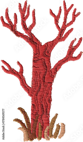 Red Tree Embroidery Textured Design 