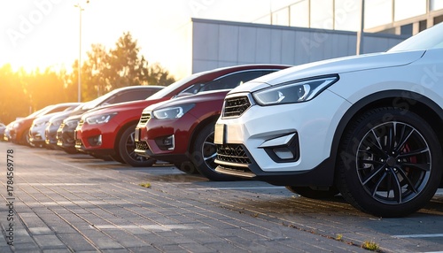 Row of Modern Cars Parked in a Parking Lot on a Sunny Day