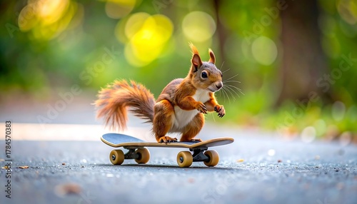 Fototapeta Naklejka Na Ścianę i Meble -  Squirrel on skateboard. Blur background, sunny scene, focus on squirrel. Cute, funny, adorable. Street perspective