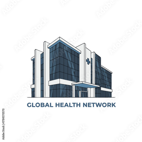 Modern Medical Center With Central Entrance And Symmetrical Side Buildings Featuring Blue Glass Facades And A Prominent Cross Symbol