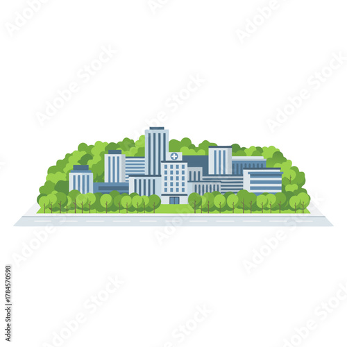 Modern Medical Clinic Building with Glass Doors and Minimalist Roof Surrounded by Lush Green Trees under a Clear Sky