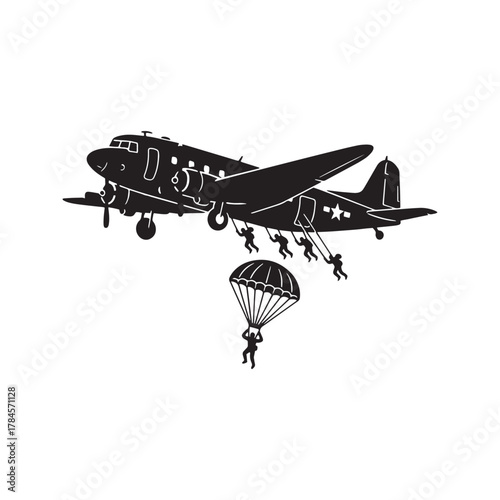 Silhouette of paratroopers jumping from a military transport airplane. Airborne soldiers with parachutes in the sky. Vector illustration for army, war, and skydiving concepts.
