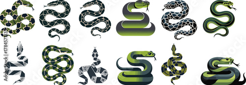 Geometric and Stylized Snake Vector Mega Set: Camouflage and Diamond Pattern Reptile Collection