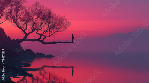 Twilight silhouette of individual balancing on branch representing spiritual mental and work life