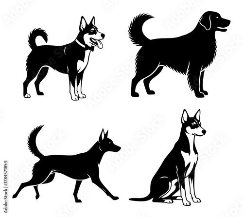 Four different dog breeds in silhouette, a detailed black and white vector illustration