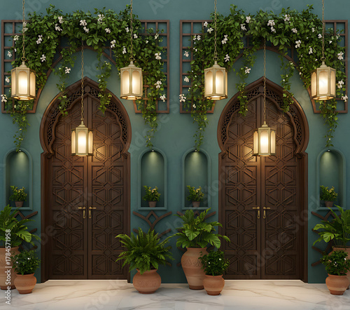 Elegant Moroccan Entrance with Intricate Wooden Doors and Glowing Lanterns, wedding backdrop design 