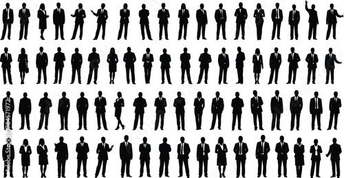 Business people silhouette grid, formal attire poses, diverse professional stances, office team icons, cad drawing flat vector illustration, set