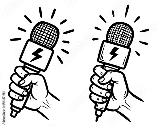 Two hands holding microphones, broadcasting live with energy and passion