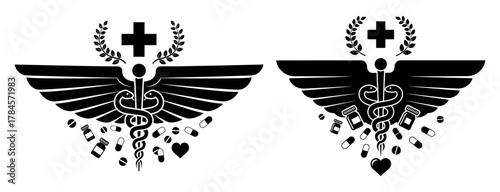 Two medical caduceus symbols with wings, laurel wreath and pills healthcare and medicine