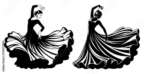 Two flamenco dancers in a black dress performing a passionate dance traditional spanish culture