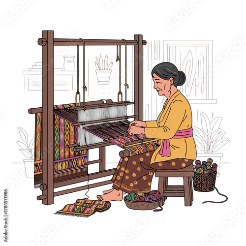 Traditional Weaver Crafting Colorful Indonesian Textile on Wooden Loom