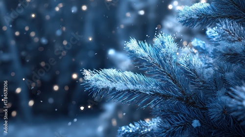 Close Up View Of Frosted Pine Tree Branches Illuminated By Winter Light And Falling Snowflakes