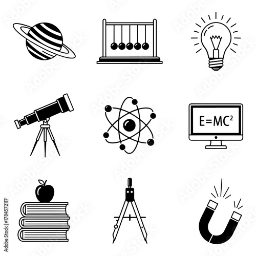 Collection of science icons representing various scientific disciplines and concepts in black and white