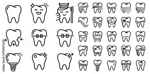 Set of tooth icons collection of dental care, hygiene, and treatment symbols for design